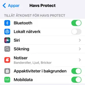 iPhone inställningar för HAVS Protect appen