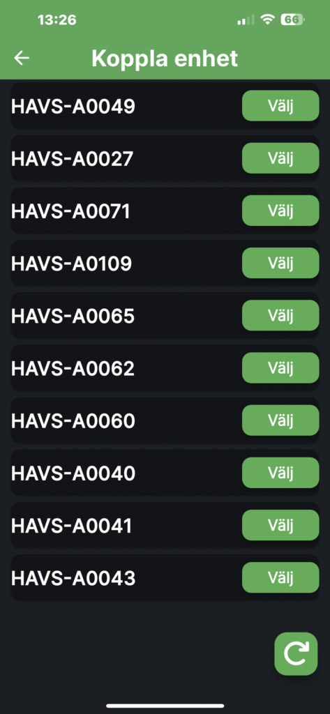 HAVS Protect appen - välj sensor att koppla