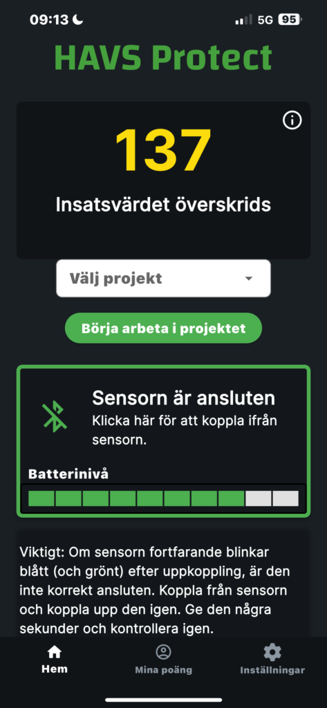 HAVS Protect appen's startsida visar aktuell poängnivå för arbetaren.